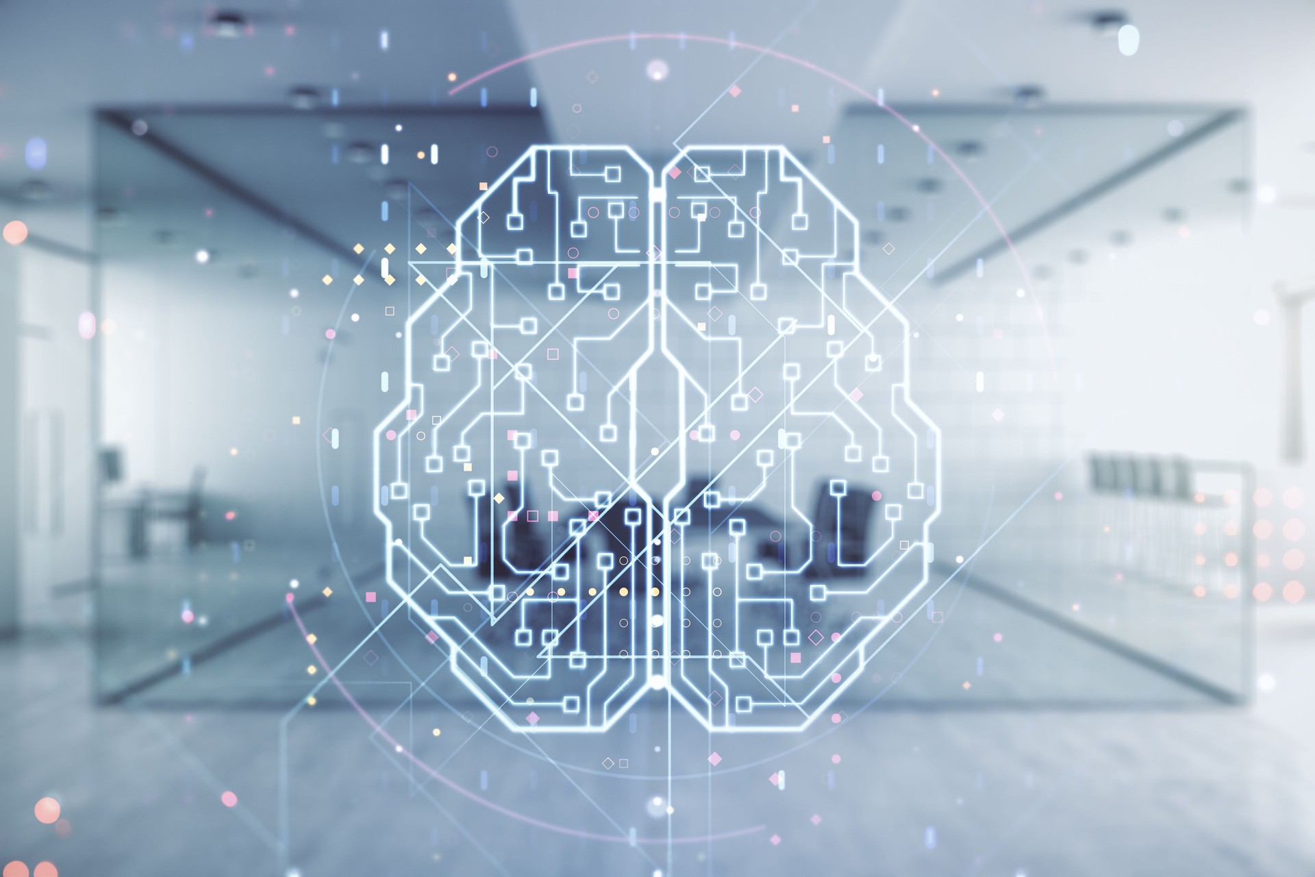 Double exposure of creative human brain microcircuit hologram on a modern furnished office interior background. Future technology and AI concept